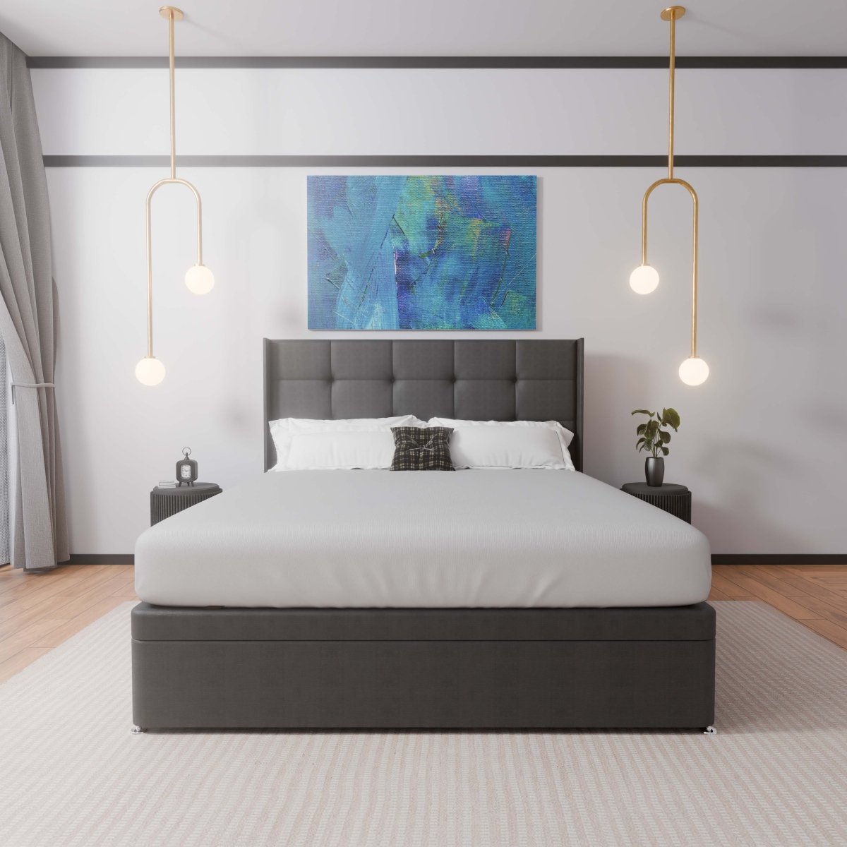 Atlanta Winged Side Lift Ottoman Storage Divan Bed and Floor Standing Headboard