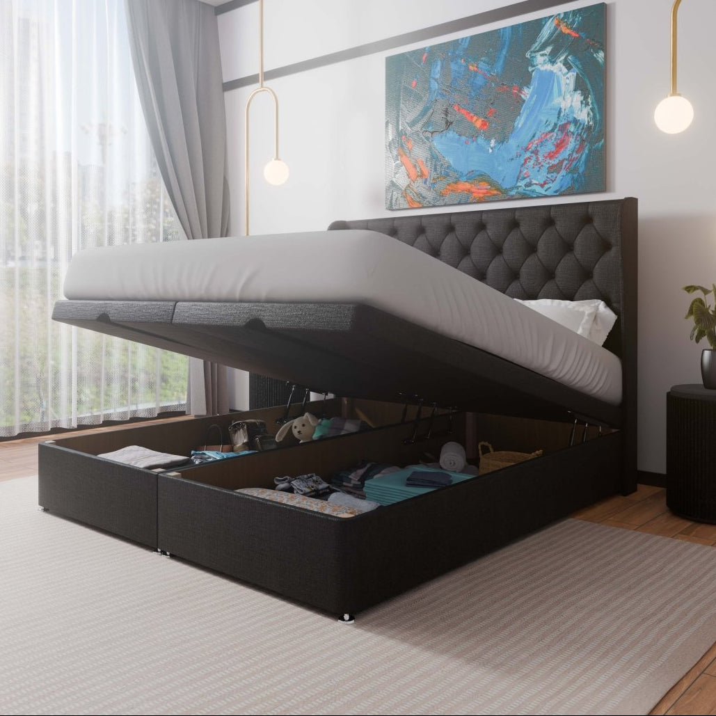 Manhattan Winged End Lift Ottoman Storage Divan Bed and Floor Standing Headboard