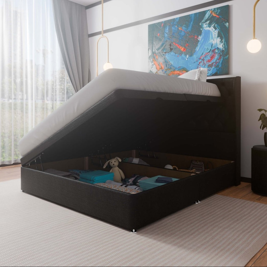 Manhattan Winged Side Lift Ottoman Storage Divan Bed and Floor Standing Headboard