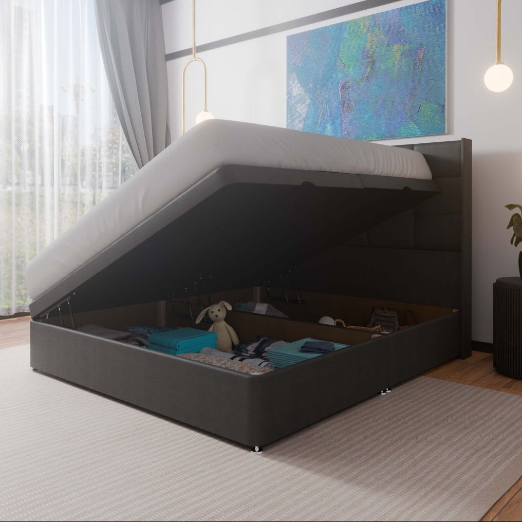 Atlanta Winged Side Lift Ottoman Storage Divan Bed and Floor Standing Headboard