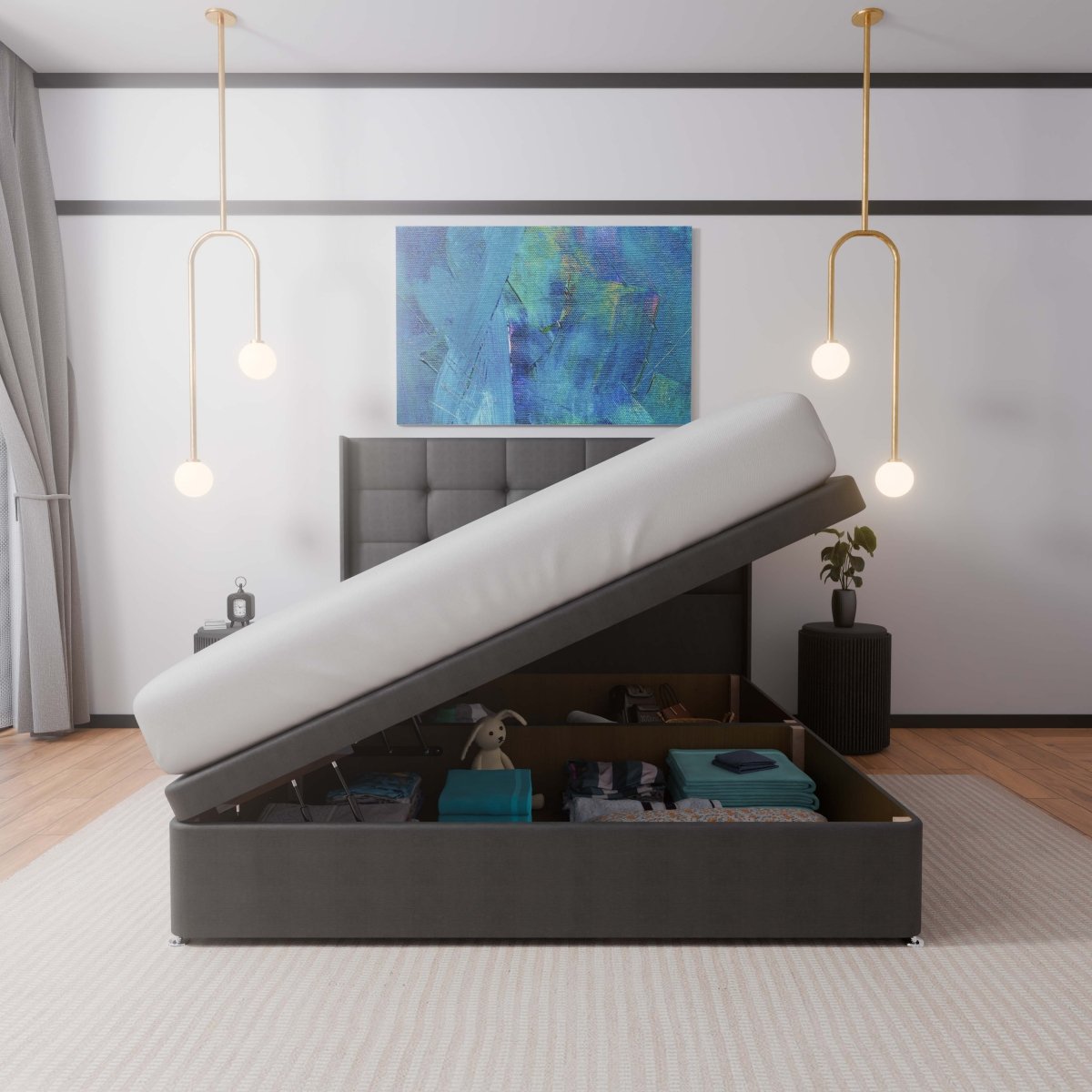 Atlanta Winged Side Lift Ottoman Storage Divan Bed and Floor Standing Headboard
