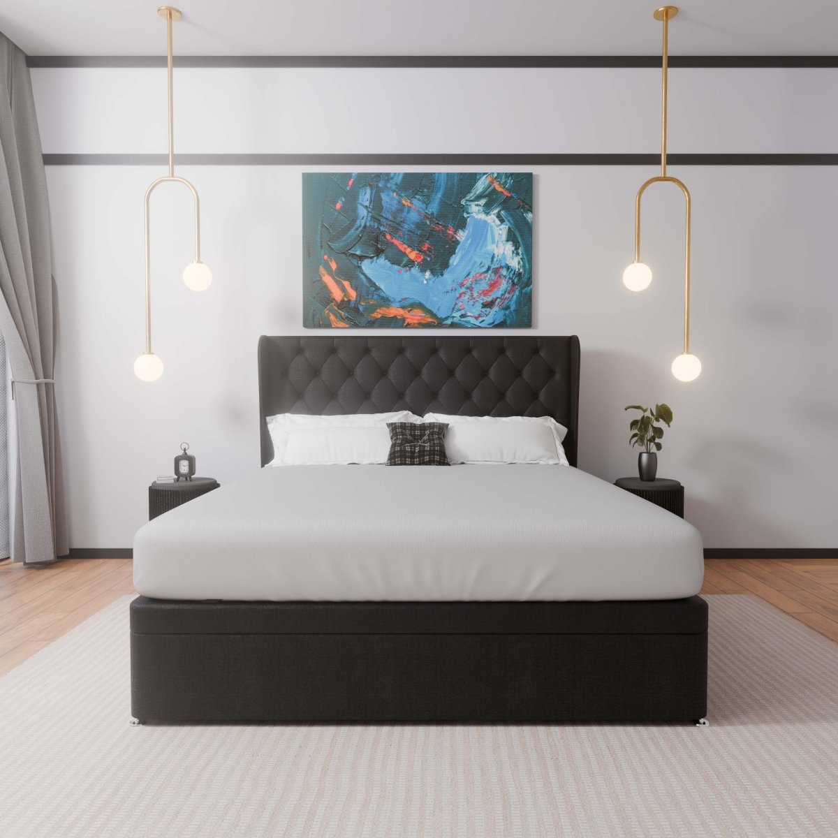 Manhattan Winged Side Lift Ottoman Storage Divan Bed and Floor Standing Headboard