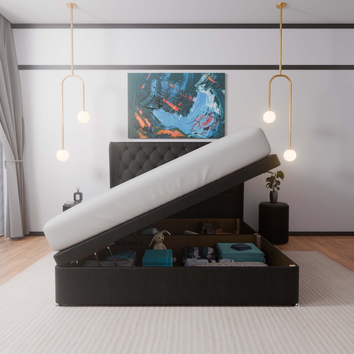 Manhattan Winged Side Lift Ottoman Storage Divan Bed and Floor Standing Headboard