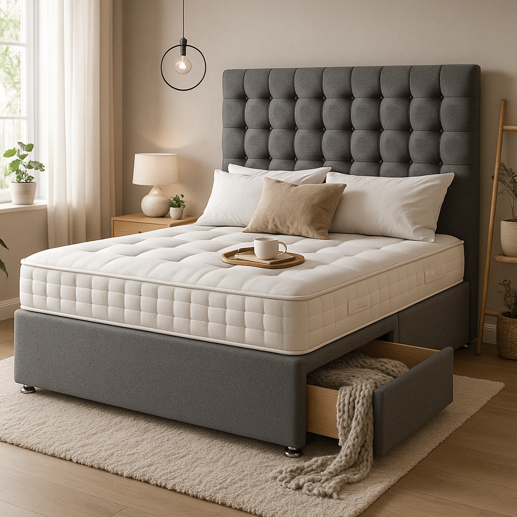 Prague Divan Bed Base with Floor Standing Buttoned Headboard