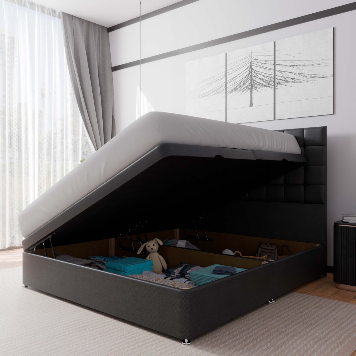 Prague Side Lift Ottoman Storage Divan Bed and Headboard